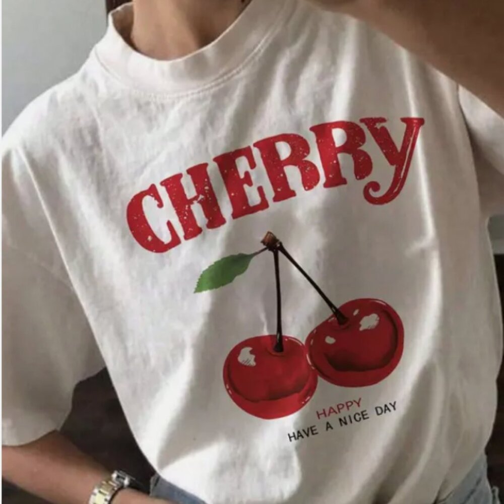 Cherry Delight Oversized casual white T-shirt with a playful print
